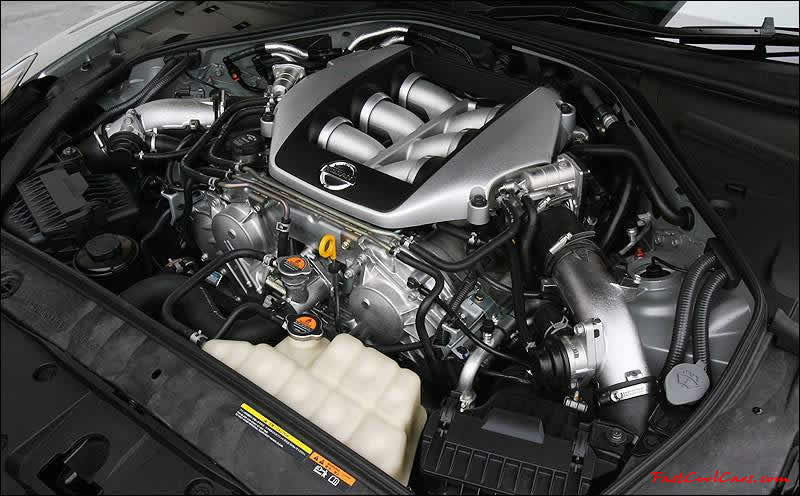 2008 Nissan GT-R - the brand new 3.8-liter twin turbo V6 VR38DETT engine is specially developed for the Nissan GT-R. It produces  473 bhp at 6400rpm and maximum torque of 434 lb/ft from 3200 to 5200rpm. This makes the Nissan GT-R one of the most powerful Japanese road cars and the most powerful production car ever built by Nissan.