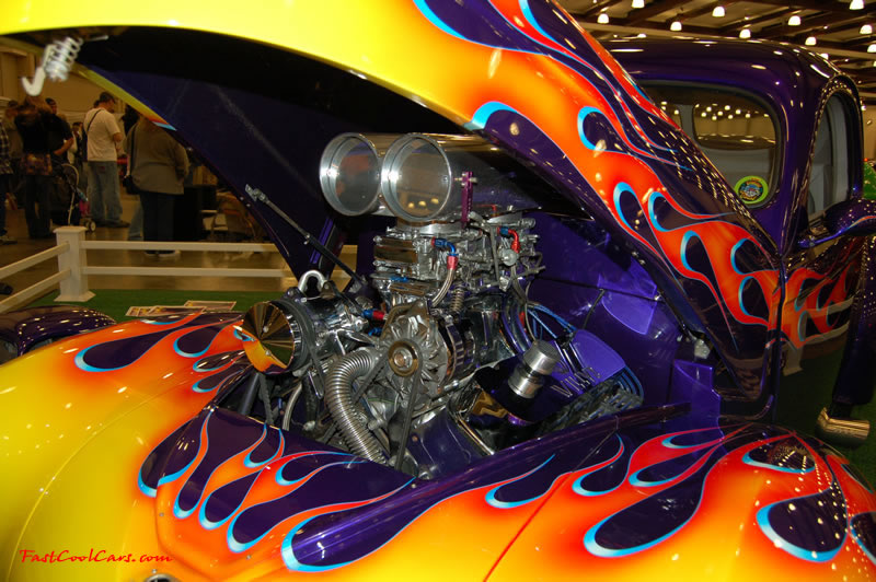 The 2009 World of Wheels Show in Chattanooga, Tennessee. On Jan. 9th,10, & 11th, Pictures by Ron Landry. Awesome flame paint job, and nice engine bay area.