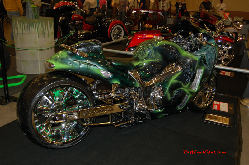 The 2009 World of Wheels Show in Chattanooga, Tennessee. On Jan. 9th,10, & 11th, Pictures by Ron Landry. Custom to the max the paint job and detailing on this motorcycle is amazing, and the rims and most of the other parts are so shinny.