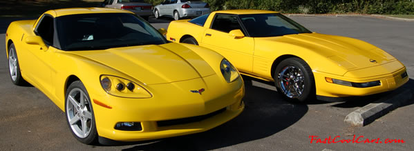 1994 and 2007 yellow Chevrolet Corvettes one 6 speed stick (1994) and one 6 speed paddle shifting automatic.