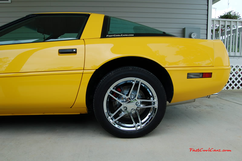 1994 Competition Yellow Chevrolet Corvette, 383 stroker LT1, 6 speed. New red painted calipers, and chrome fastcoolcars.com decal.
