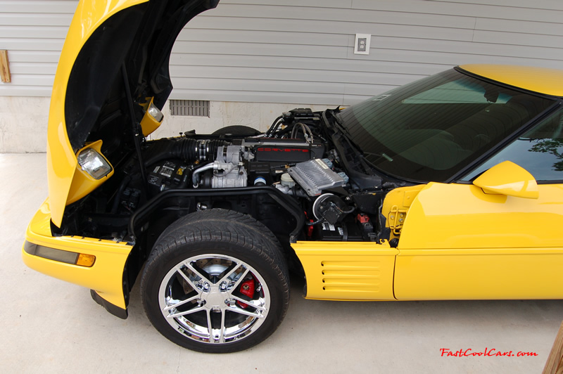 1994 Competition Yellow Chevrolet Corvette, 383 stroker LT1, 6 speed. New laser cut plastic Corvette letters installed in the insets on the fuel rail covers, and painted front calipers.