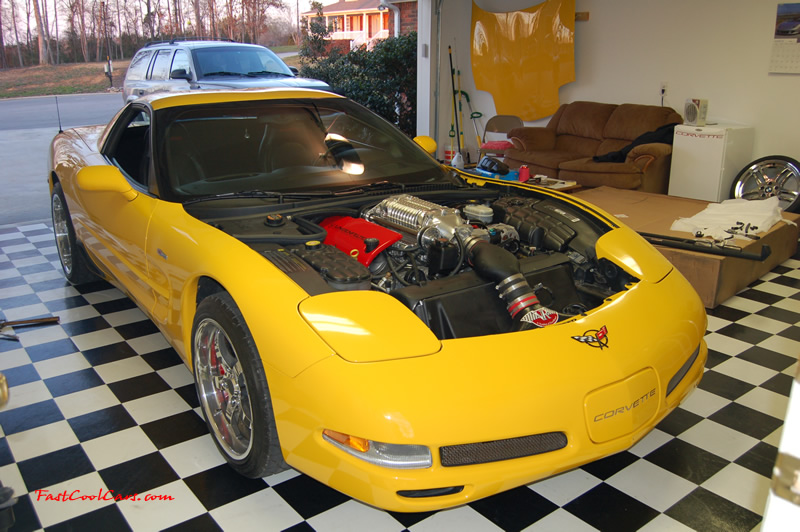 2002 Millennium Yellow supercharged & methanol injected Z06 Corvette, with many modifications, over 50 grand invested in the past 2+ years, for sale $38,000 what a deal. Looks pretty good without a hood on it.