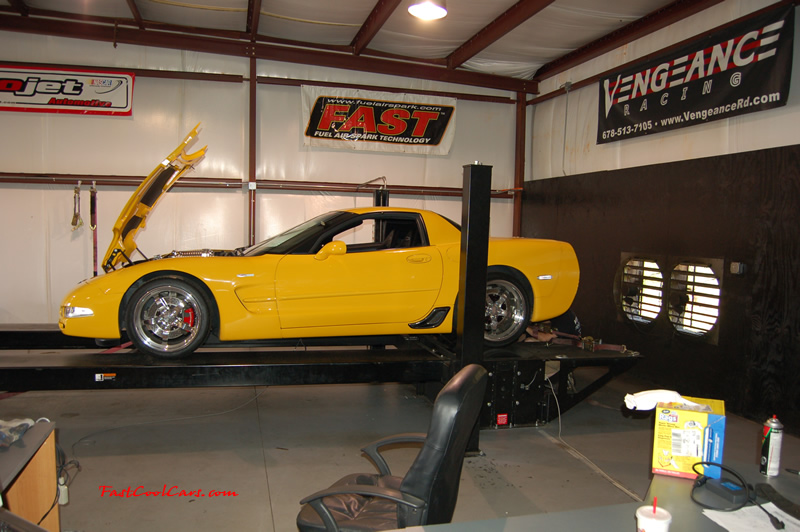2002 Millennium Yellow supercharged & methanol injected Z06 Corvette, with many modifications, over 50 grand invested in the past 2+ years, for sale $38,000 what a deal. It was 100 degrees that day in the garage on the dyno.