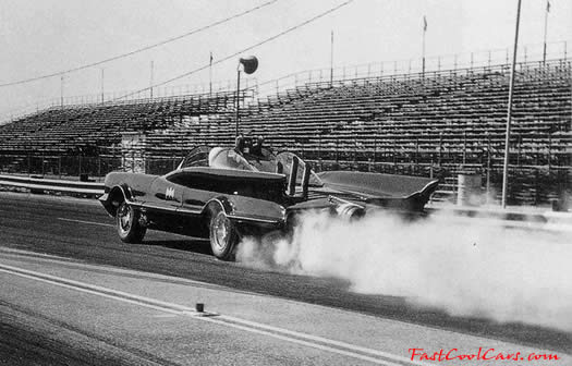 The Original Batmobile from the series in 1966-68 TV series, at the drag strips, smoking the tires