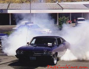 Chevy Chevelle blistering the rear tires look in the background, there is a police car in the smoke
