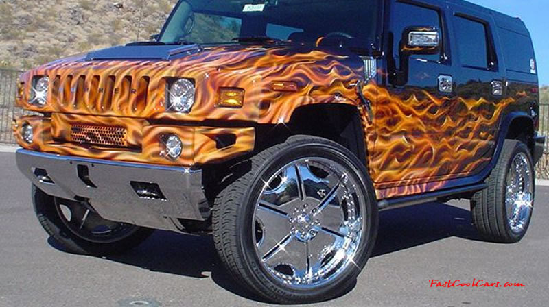 Pimped out ride, Pimp my ride with cool flame paint, and huge chrome wheels, go Hummer.