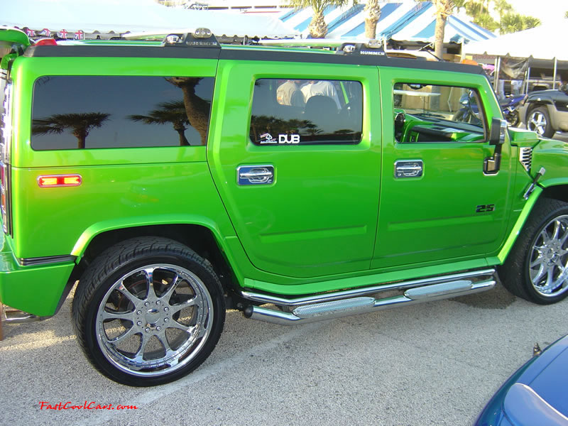 Pimped out ride, Pimp my ride with custom paint. Custom chrome large wheels, on a very cool lime green Hummer.